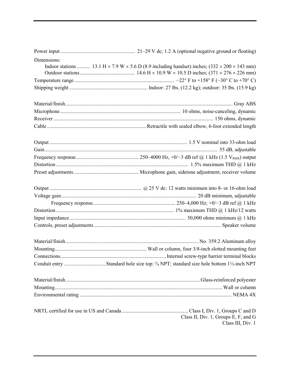 Specifications | GAI-Tronics 785-002  24 V DC Explosion-proof Page/Party Handset Stations User Manual | Page 10 / 14