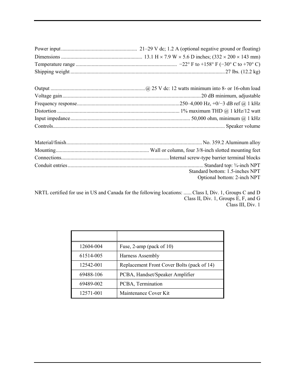 Specifications, Replacement parts | GAI-Tronics 670-002 24 V DC Explosion-proof Page/Party Speaker Station User Manual | Page 7 / 10