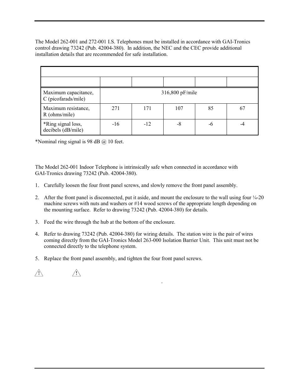 Wiring guidelines/control drawing, Installing the model 262-001 indoor telephone | GAI-Tronics 262-001 Intrinsically-Safe Telephones User Manual | Page 3 / 13