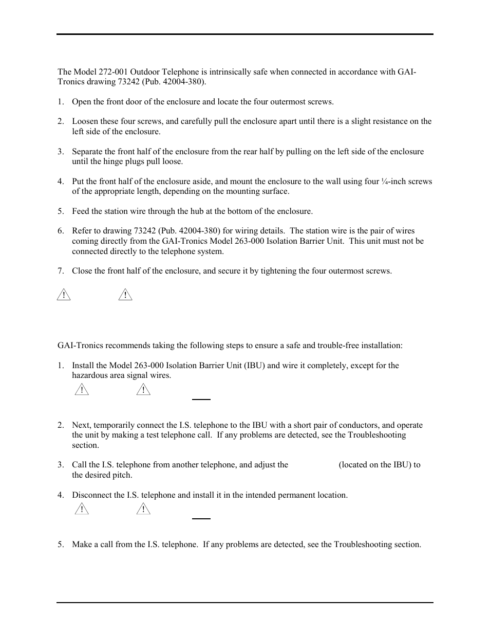 Installing the model 272-001 outdoor telephone, System setup | GAI-Tronics 262-001 Intrinsically-Safe Telephones User Manual | Page 4 / 13