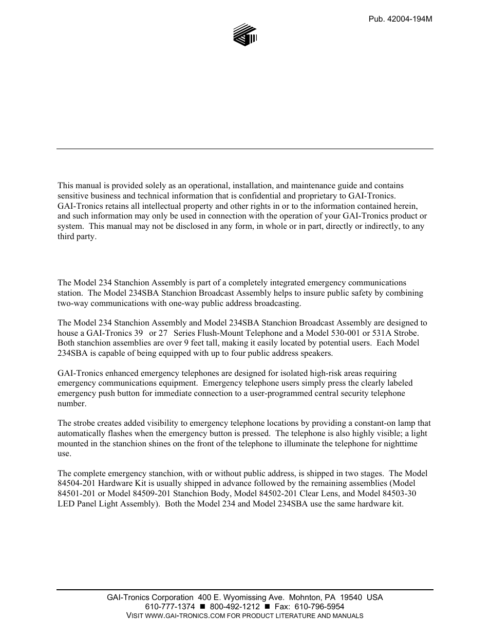 GAI-Tronics 234 Stanchion Assembly User Manual | 12 pages