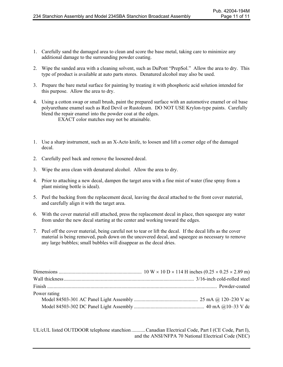 Scratch repair, Decal repair, Specifications | Approvals | GAI-Tronics 234 Stanchion Assembly User Manual | Page 11 / 12