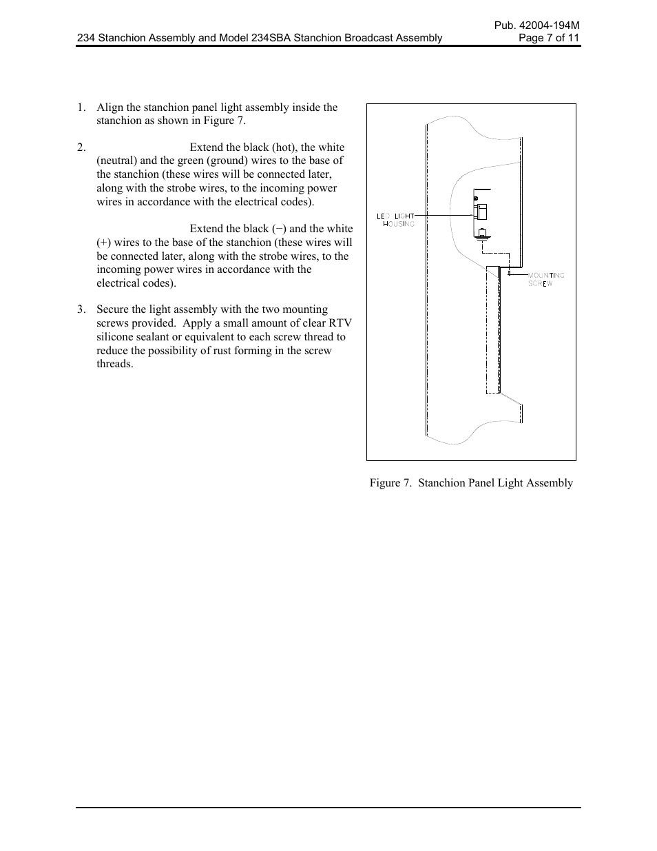 84503-30x stanchion panel light installation, Stanchion panel light installation | GAI-Tronics 234 Stanchion Assembly User Manual | Page 7 / 12