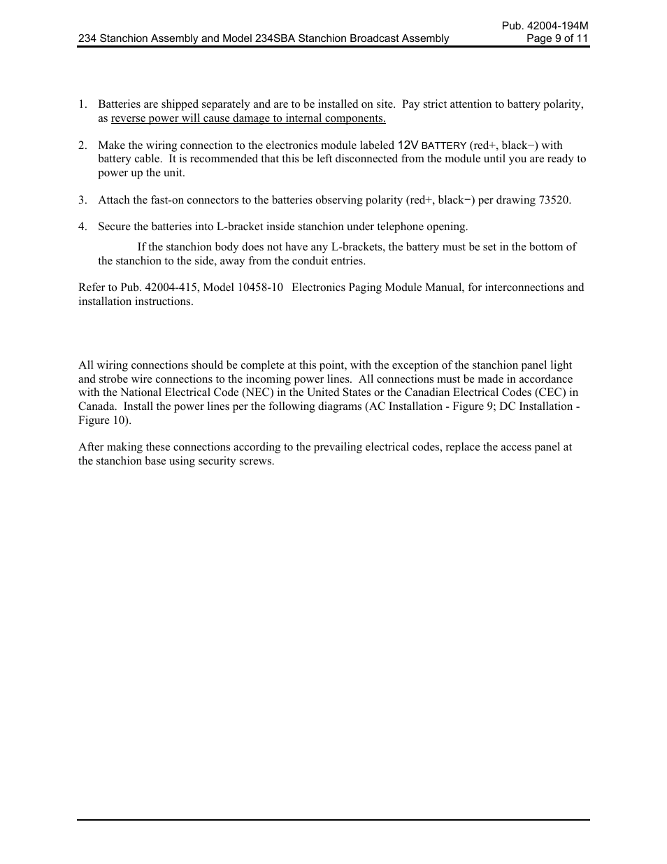 40201-010 battery installation (234sba only), Wiring power connections | GAI-Tronics 234 Stanchion Assembly User Manual | Page 9 / 12