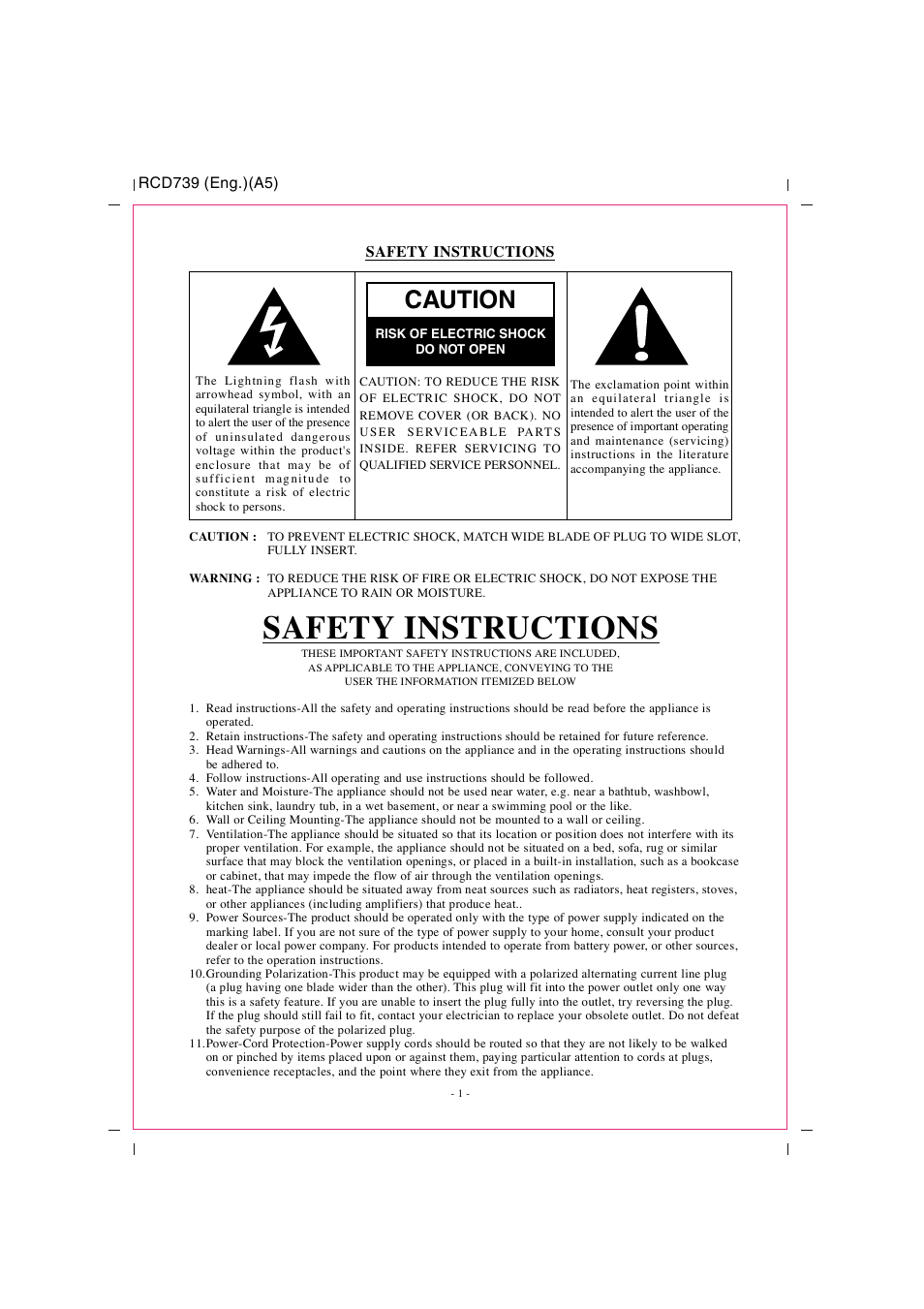 Safety instructions, Digital cd/radio stereo system w ith remot e, Instruction manual operating instructions | Caution, Model : rcd739 | Curtis RCD739UK User Manual | Page 2 / 9