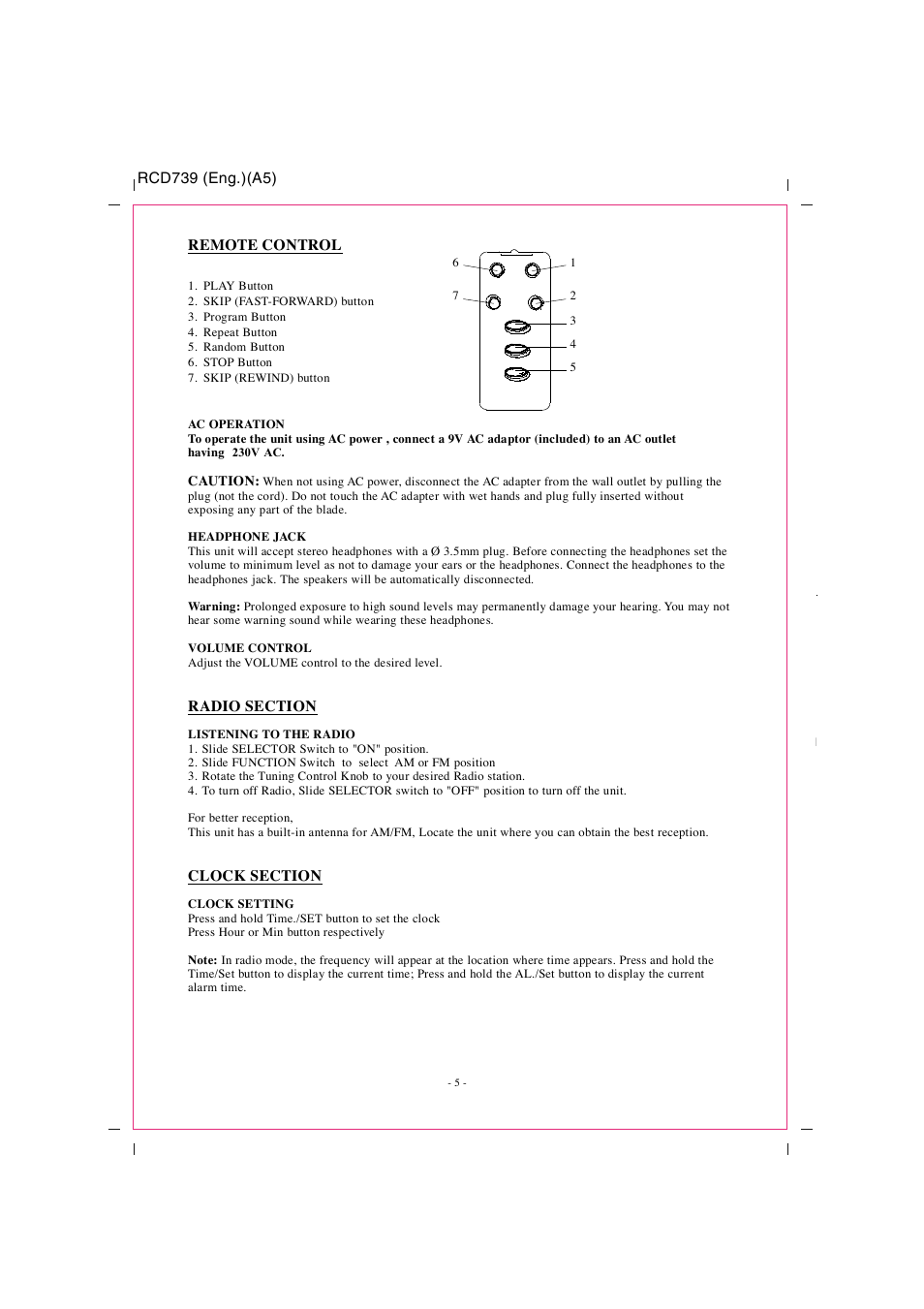 Digital cd/radio stereo system w ith remot e, Instruction manual operating instructions, Mode l : rcd739 | Rcd739 (e ng.)( a5), Rcd739 (eng.)( a5), Safety instructions, Caution, Mounting loca tion | Curtis RCD739UK User Manual | Page 6 / 9