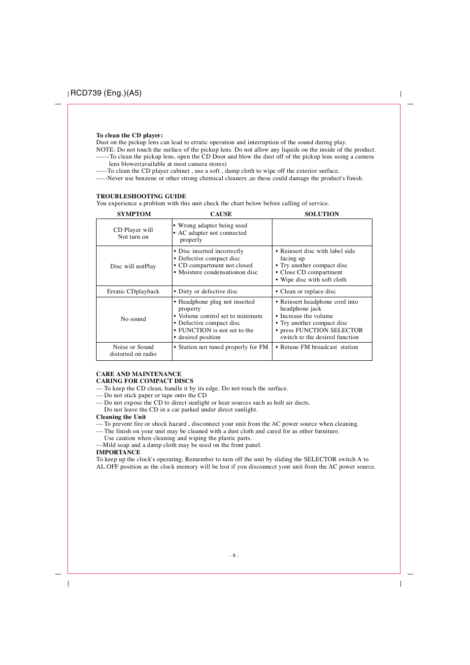 Digital cd/radio stereo system w ith remot e, Instruction manual operating instructions, Model : rcd739 | Curtis RCD739UK User Manual | Page 9 / 9