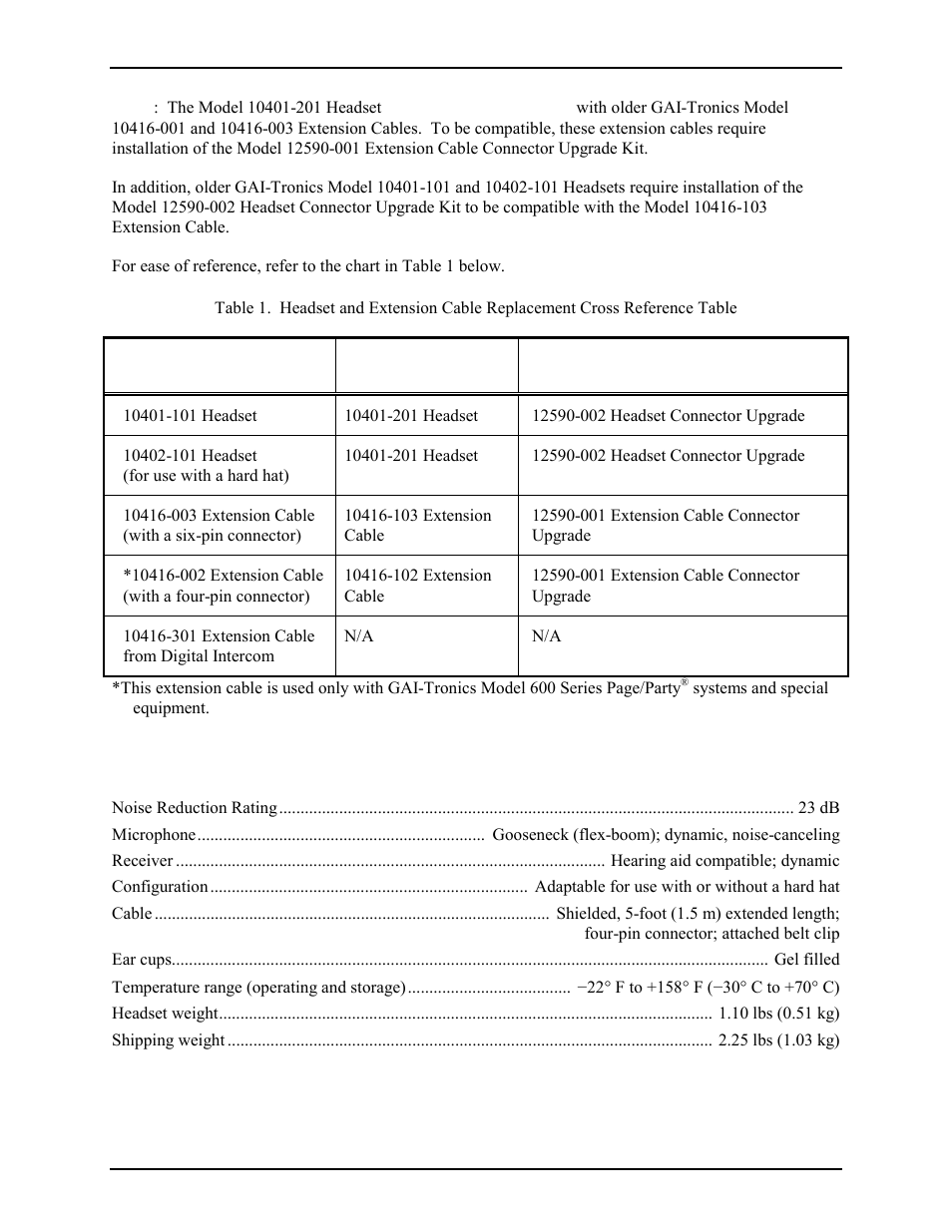 Specifications | GAI-Tronics 10401-201 Headset User Manual | Page 2 / 3