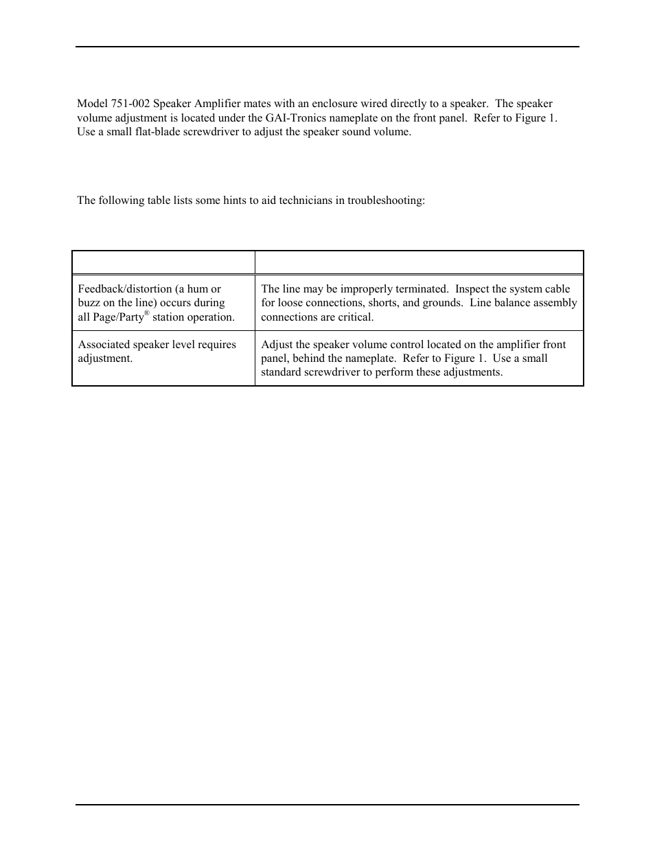Adjustment, Maintenance, Troubleshooting | GAI-Tronics 751-002 24 V DC Speaker Amplifier User Manual | Page 2 / 4