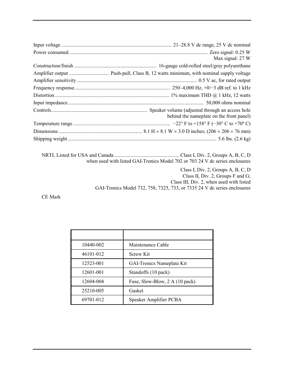 Specifications, Replacement parts | GAI-Tronics 751-002 24 V DC Speaker Amplifier User Manual | Page 3 / 4