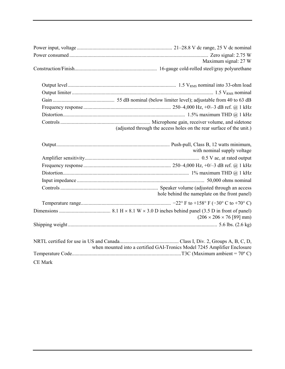 Specifications | GAI-Tronics 723-003 24 V DC Remote Handset/Speaker Amplifier User Manual | Page 5 / 7