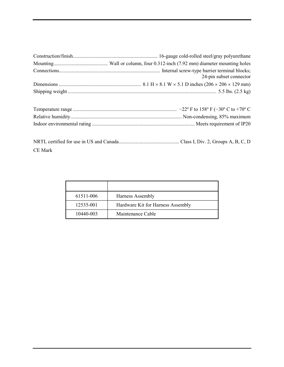 Specifications, Replacement parts | GAI-Tronics 7245-003 24 V DC Remote Subset Amplifier Enclosure User Manual | Page 9 / 12