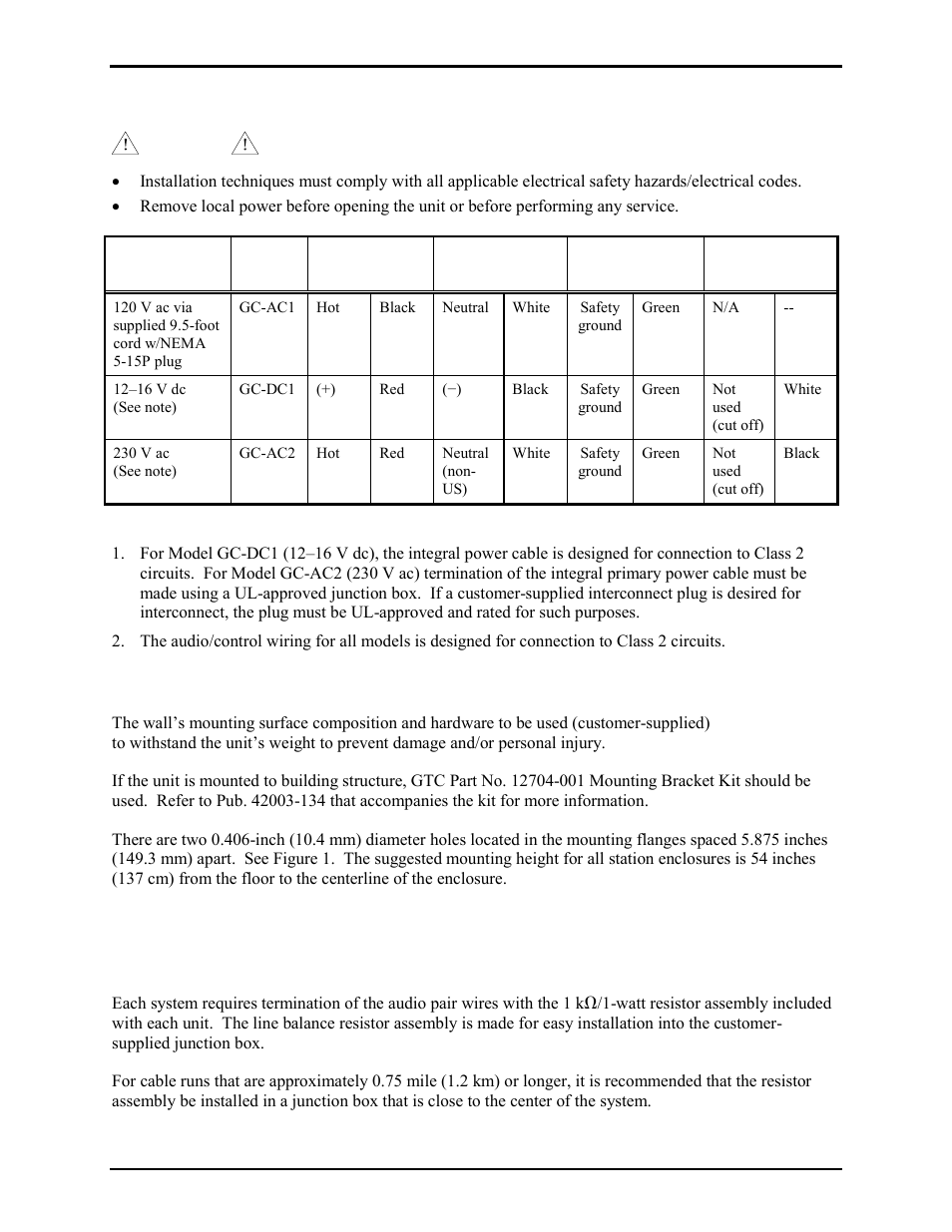 Power connection, Mounting instructions, Connection instructions | System line balance | GAI-Tronics GC-AC1 EZ Page Industrial Intercom User Manual | Page 4 / 17