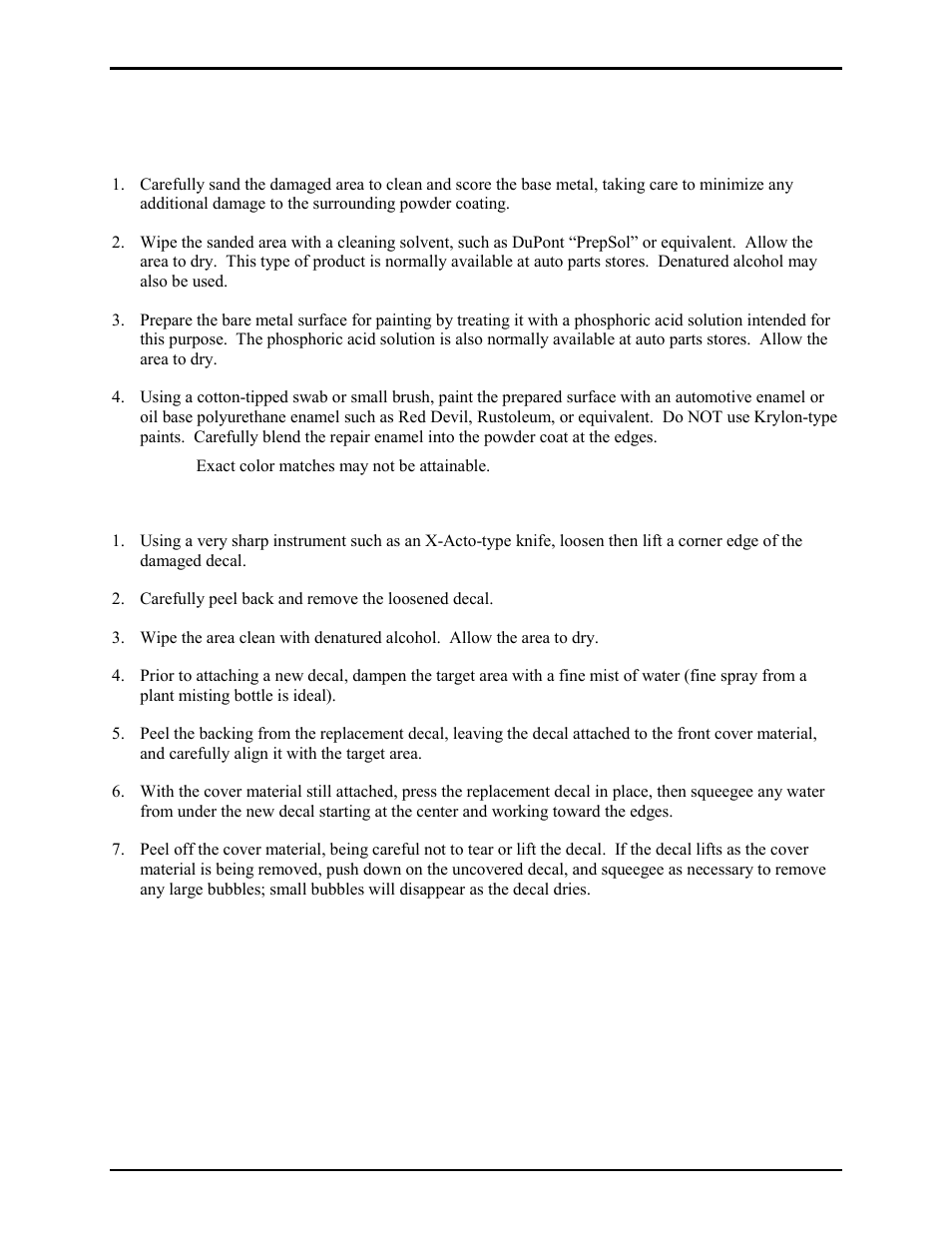 Scratch repair, Decal repair | GAI-Tronics 234WM Wall-Mount Stanchion Assembly User Manual | Page 11 / 13