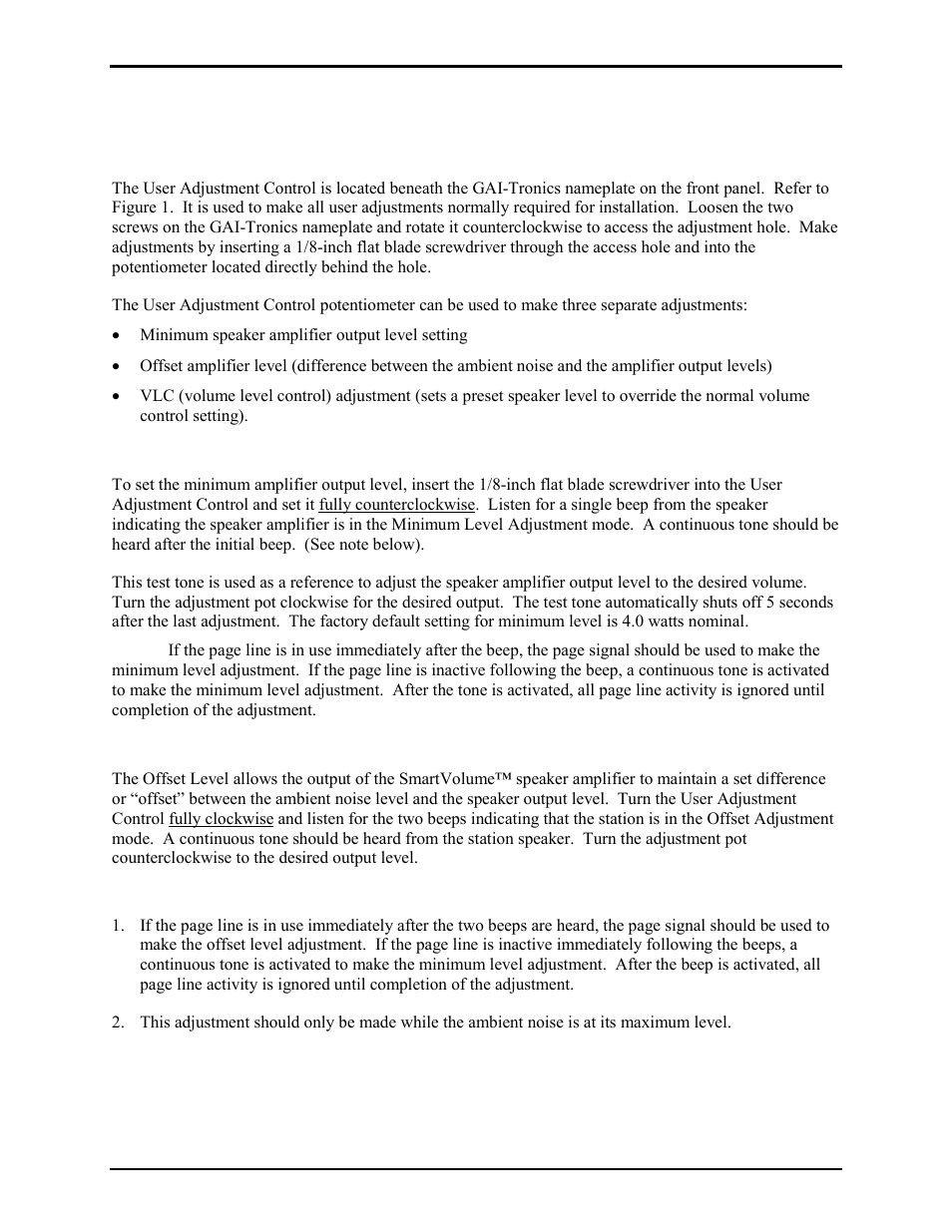 Maintenance, Adjustments, Minimum level adjustment | Offset level adjustment | GAI-Tronics 723-901 SmartSeries Remote Subset Amplifier User Manual | Page 7 / 14