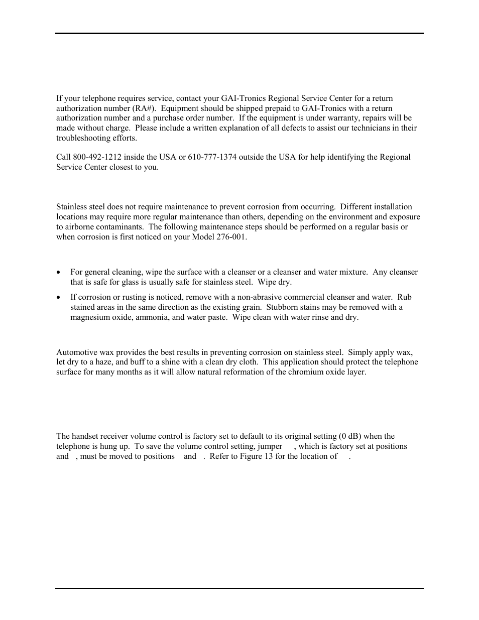 Maintenance, Service, Preventive maintenance for model 276-001 | Cleaning, Prevention, Volume control jumper setting | GAI-Tronics 226-001 Industrial Telephones with Keypads User Manual | Page 13 / 19
