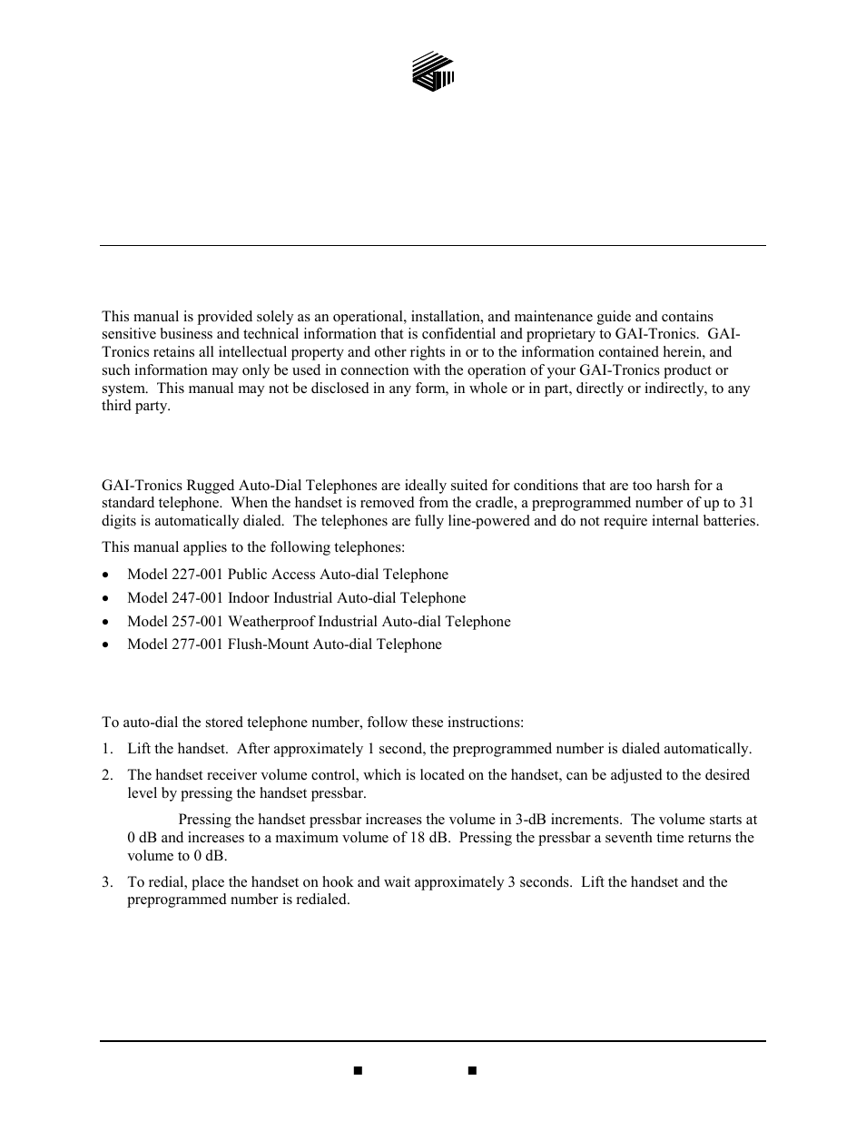 GAI-Tronics 227-001 Auto-dial Telephones User Manual | 20 pages