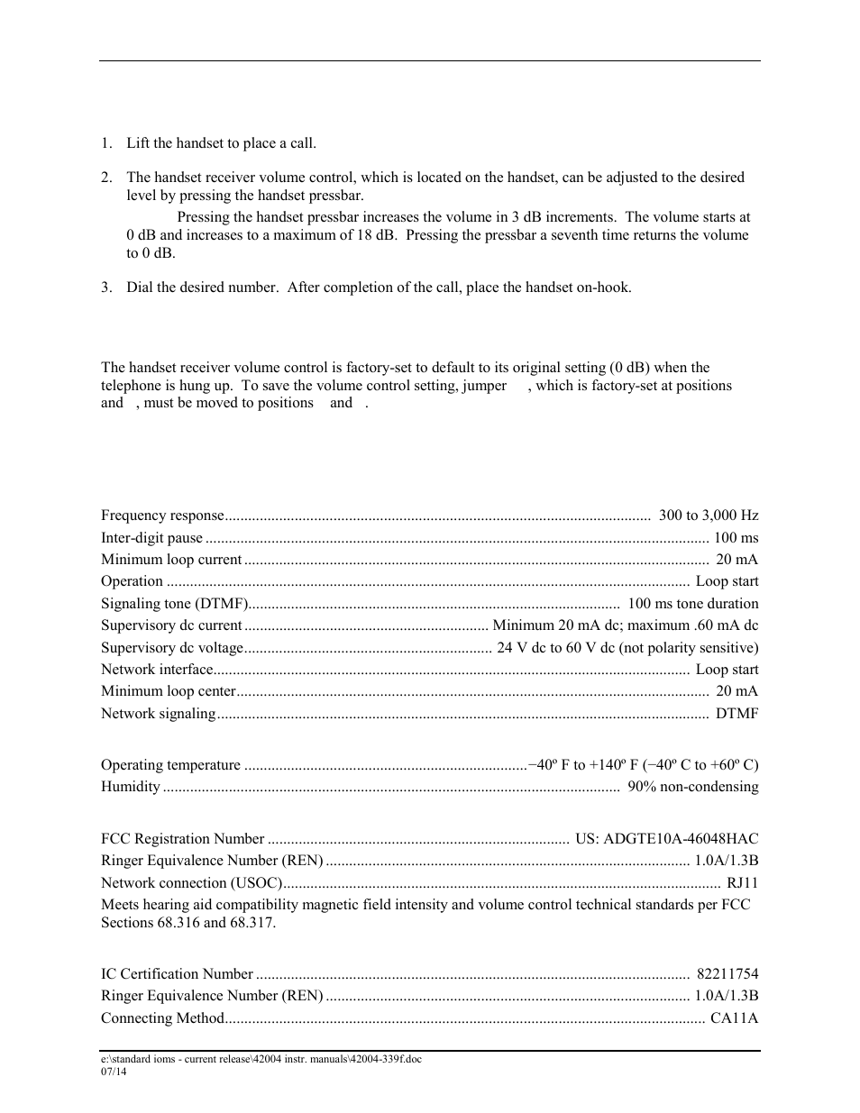 Operation, Volume control jumper setting, Specifications | GAI-Tronics 226-002 Div. 2 Industrial Telephons User Manual | Page 13 / 16
