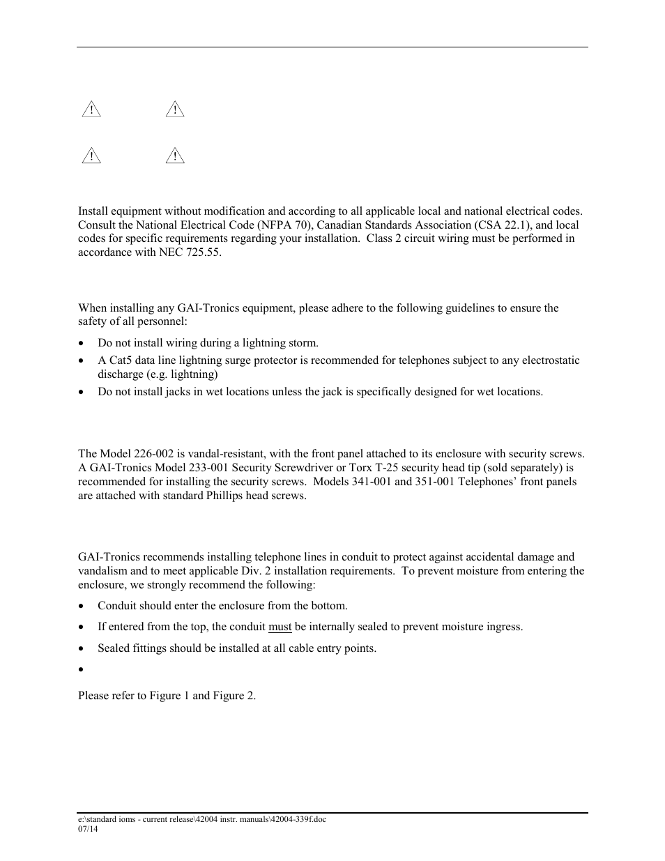 Installation, Safety guidelines, Security hardware | GAI-Tronics 226-002 Div. 2 Industrial Telephons User Manual | Page 5 / 16