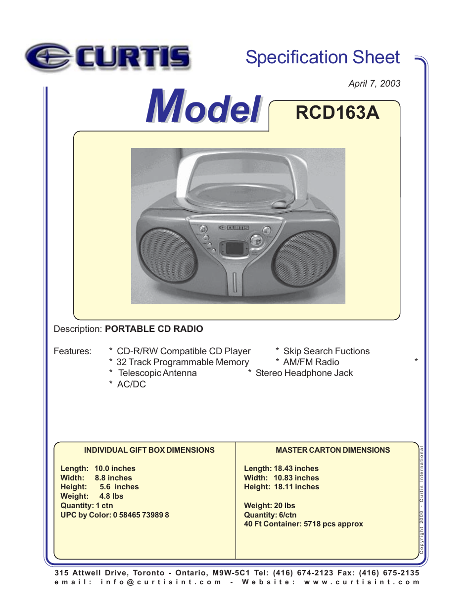 Curtis RCD163A User Manual | 1 page