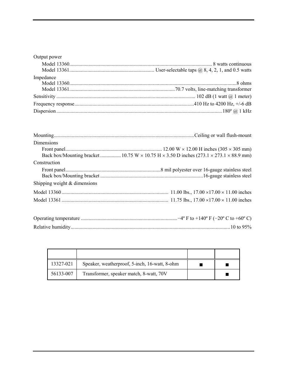 Specifications, Replacement parts | GAI-Tronics 13360 Clean Room Speakers User Manual | Page 4 / 5