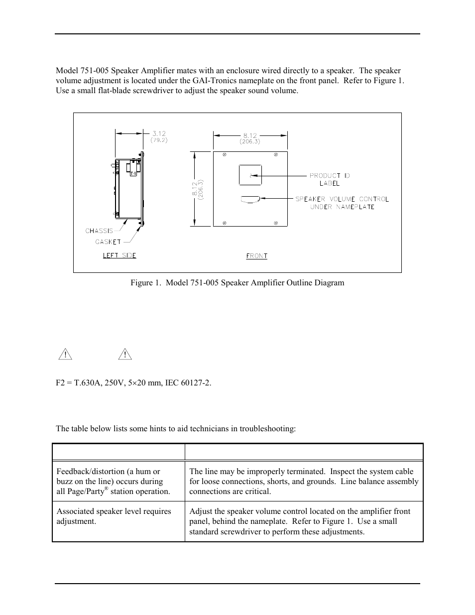 Adjustment, Maintenance, Fuses | Troubleshooting | GAI-Tronics 751-005 Speaker Amplifier (ATEX Zone 2/CE Mark) User Manual | Page 2 / 4