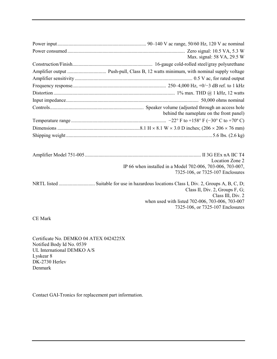 Specifications, Replacement parts | GAI-Tronics 751-005 Speaker Amplifier (ATEX Zone 2/CE Mark) User Manual | Page 3 / 4
