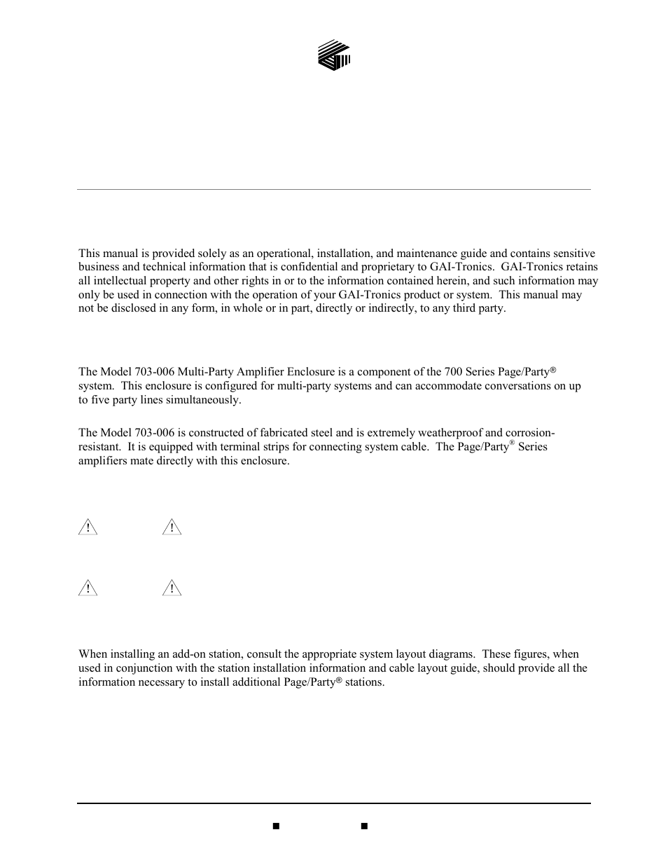 GAI-Tronics 703-006 Multi-Party Amplifier Enclosure (ATEX Zone 2/CE Mark) User Manual | 9 pages