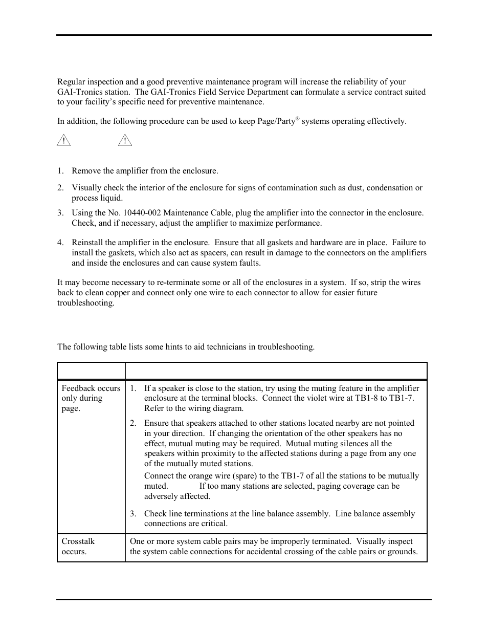 Maintenance, Troubleshooting | GAI-Tronics 703-006 Multi-Party Amplifier Enclosure (ATEX Zone 2/CE Mark) User Manual | Page 7 / 9