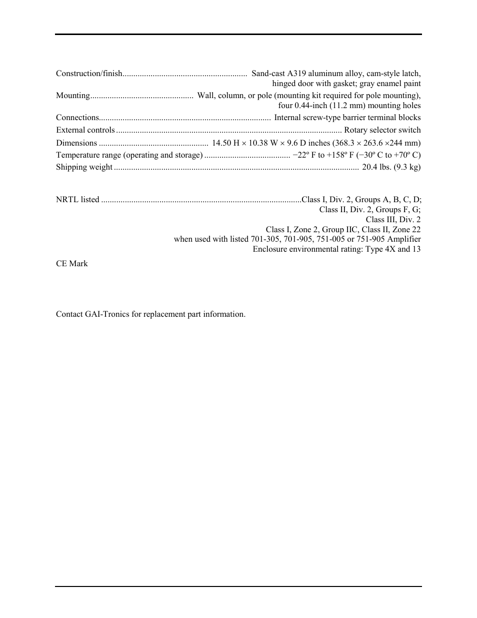 Specifications, Replacement parts | GAI-Tronics 7325-106 Multi-Party Amplifier Enclosure ((ATEX Zone 2/CE Mark) User Manual | Page 6 / 7