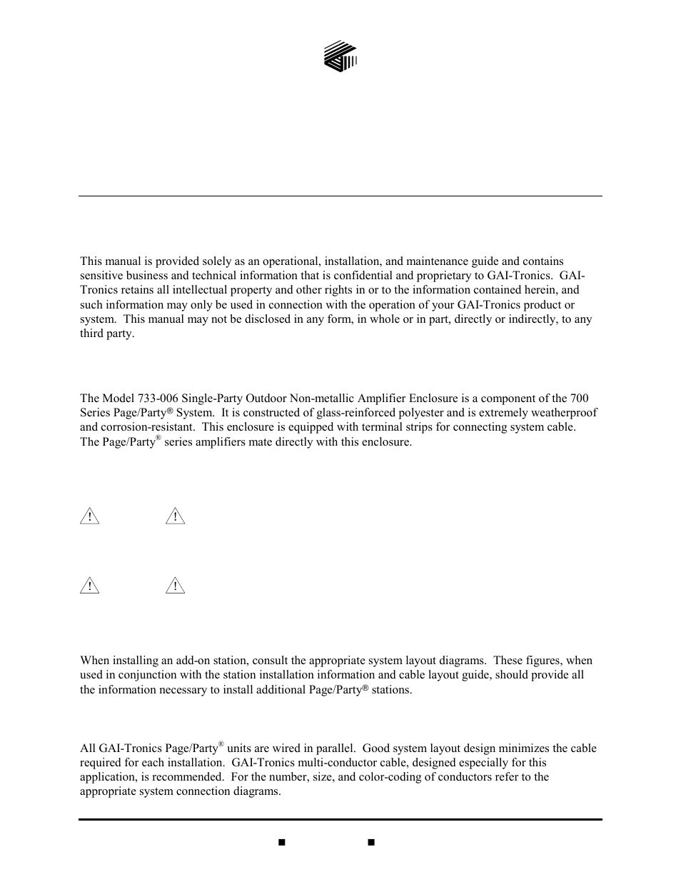GAI-Tronics 733-006 Single-Party Outdoor Non-Metallic Amplifier Enclosure (CE Mark) User Manual | 8 pages