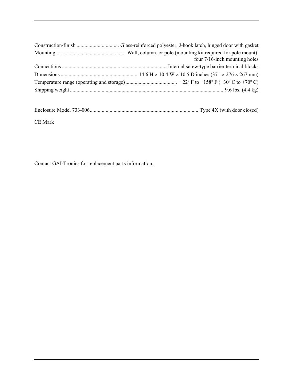 Specifications, Replacement parts | GAI-Tronics 733-006 Single-Party Outdoor Non-Metallic Amplifier Enclosure (CE Mark) User Manual | Page 7 / 8