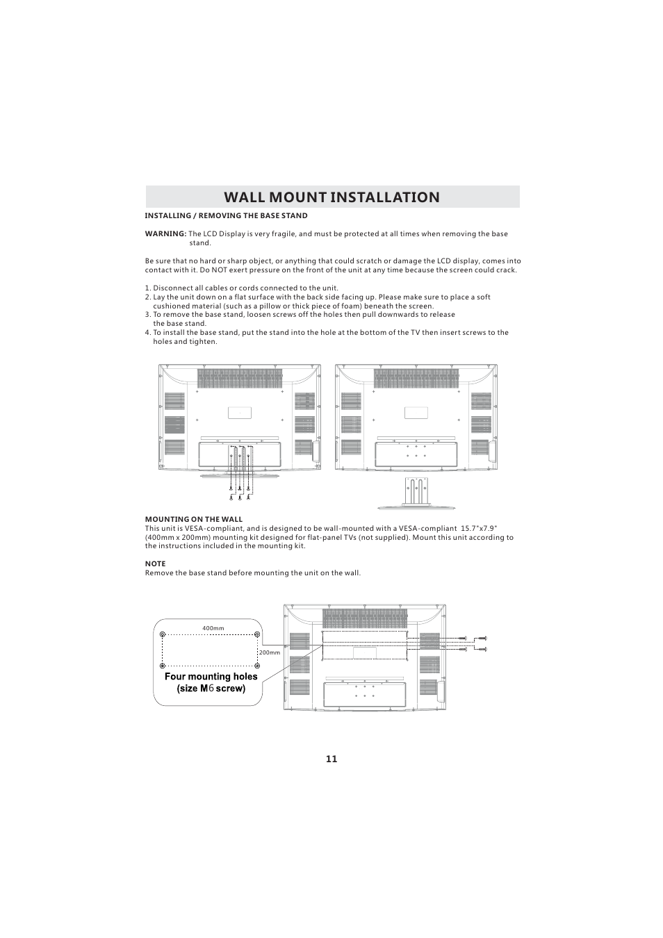 Wall mount installation | Curtis LCD3718A User Manual | Page 15 / 35