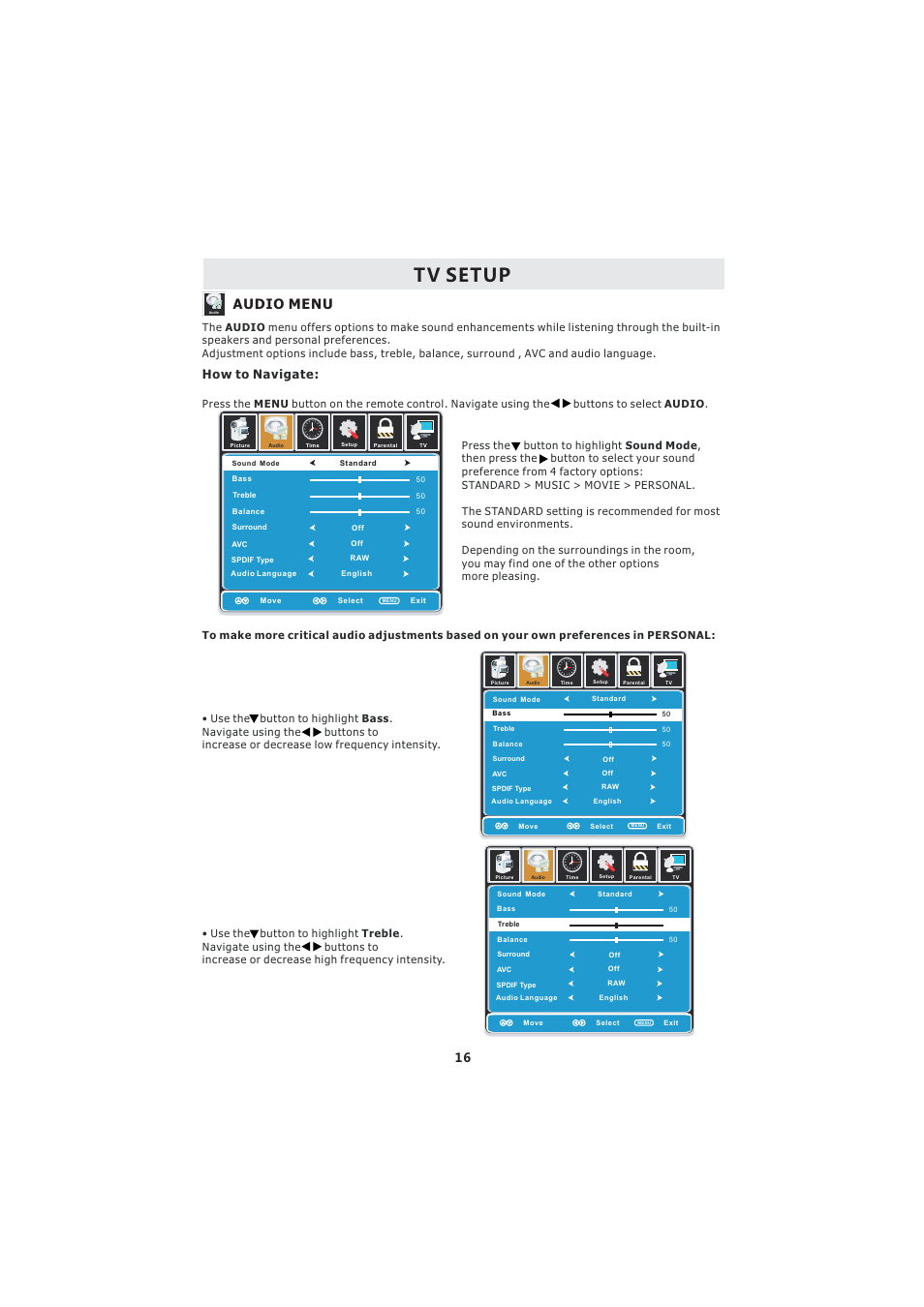 Tv setup, Audio menu, How to navigate | Curtis LCD3718A User Manual | Page 20 / 35