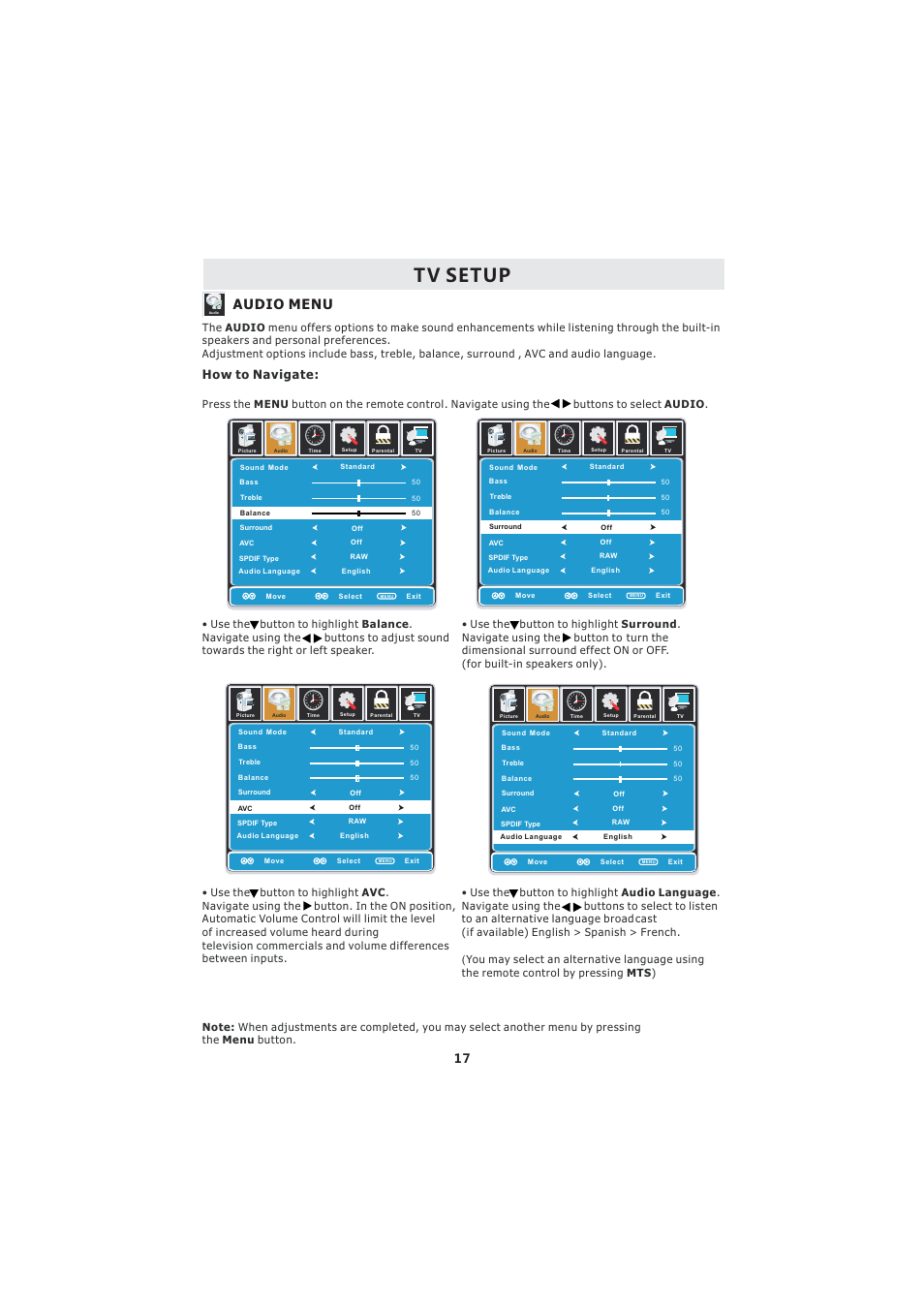 Tv setup, Audio menu, How to navigate | Curtis LCD3718A User Manual | Page 21 / 35