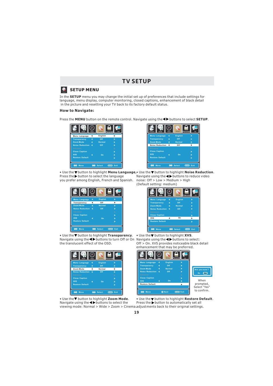 Tv setup, Setup menu, How to navigate | Curtis LCD3718A User Manual | Page 23 / 35