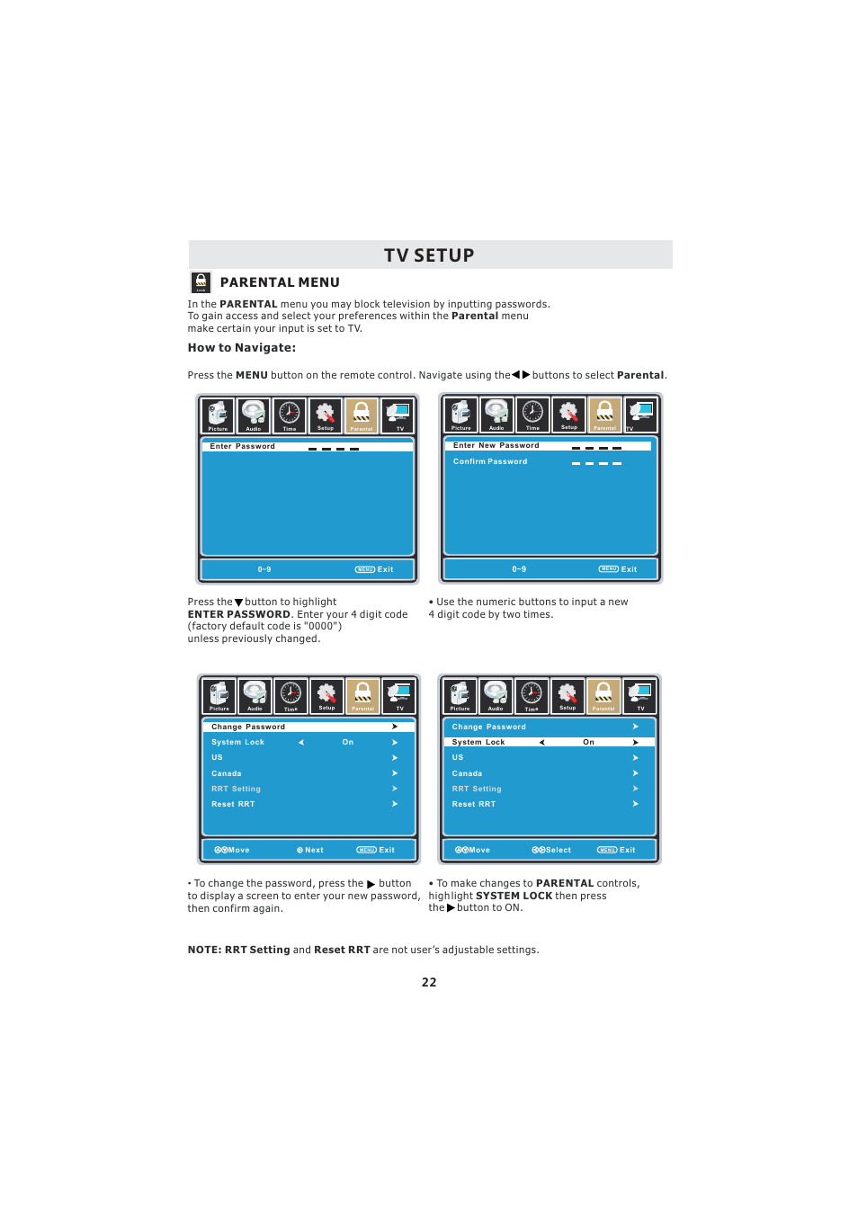 Tv setup, Parental menu, How to navigate | Curtis LCD3718A User Manual | Page 26 / 35