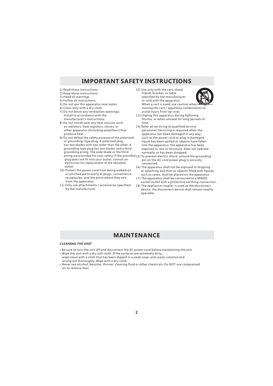 Important safety instructions, Maintenance | Curtis LCD3718A User Manual | Page 6 / 35