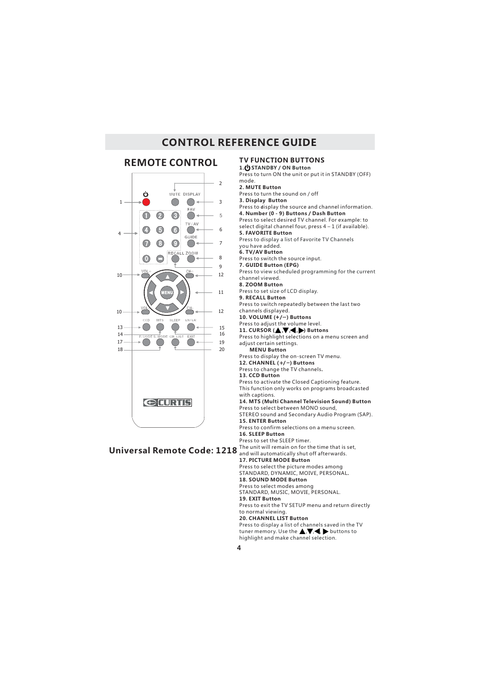 Remote control, Control reference guide, Universal remote code: 1218 | Curtis LCD3718A User Manual | Page 8 / 35