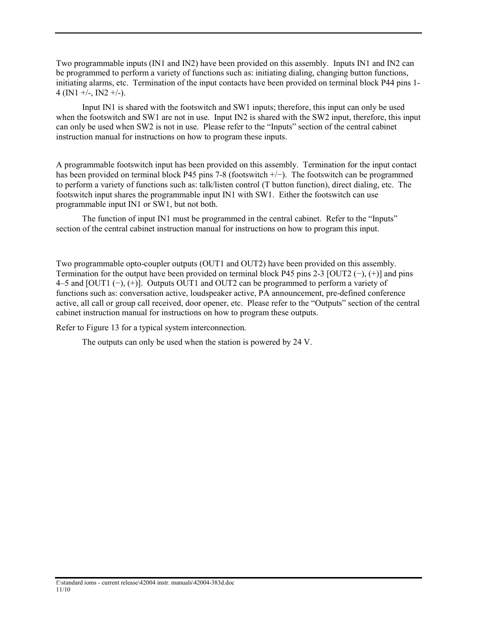 Inputs, Footswitch, Outputs | GAI-Tronics DHF-102 Digital Intercom Staitons User Manual | Page 18 / 27