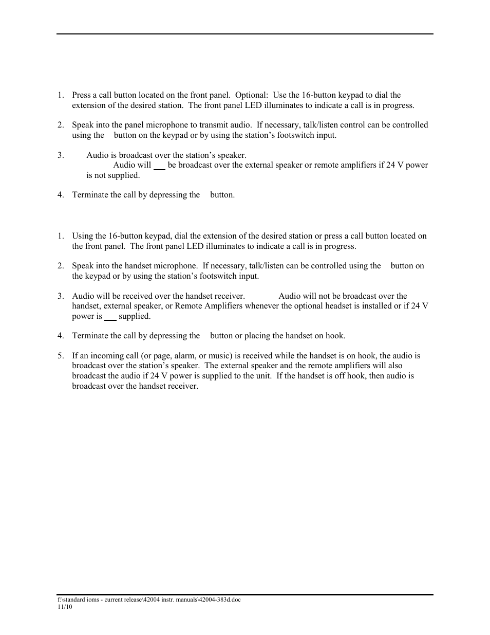 Operation, Hands-free operation, Handset operation | GAI-Tronics DHF-102 Digital Intercom Staitons User Manual | Page 20 / 27