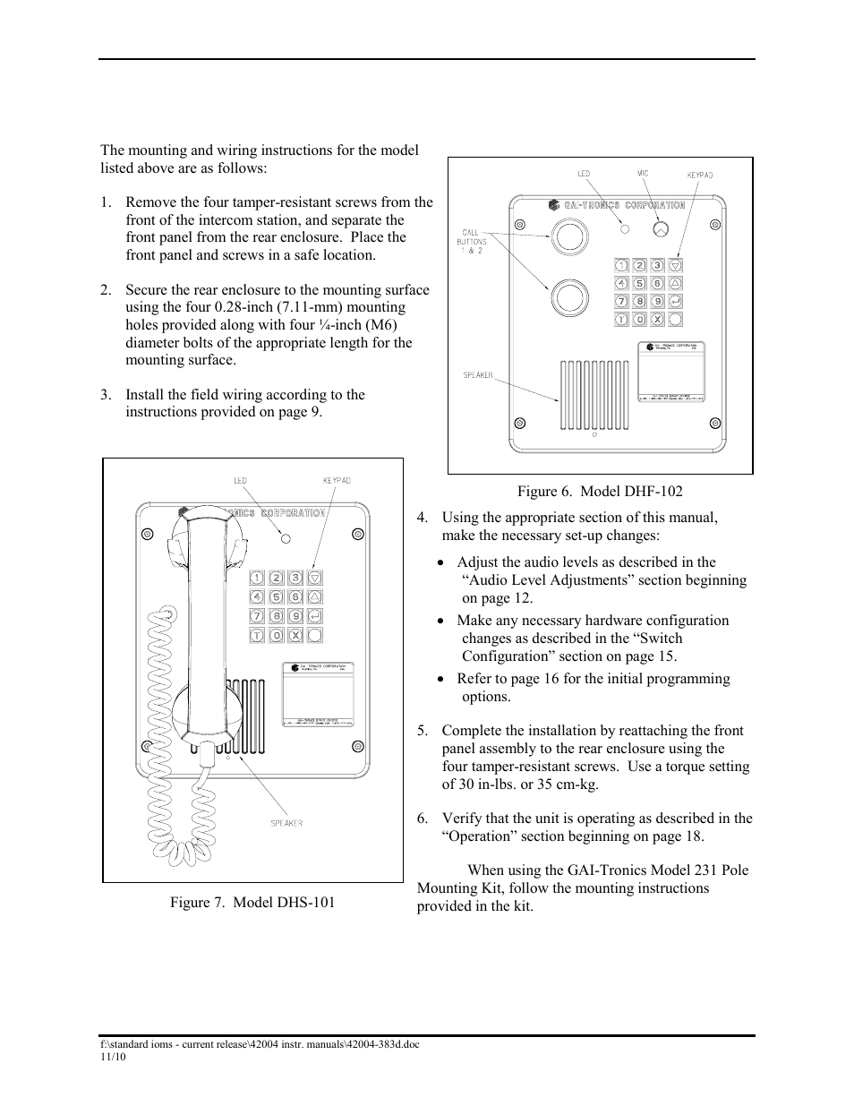 Mounting, Models dhs-101, dhf-101, and dhf-102 | GAI-Tronics DHF-102 Digital Intercom Staitons User Manual | Page 8 / 27