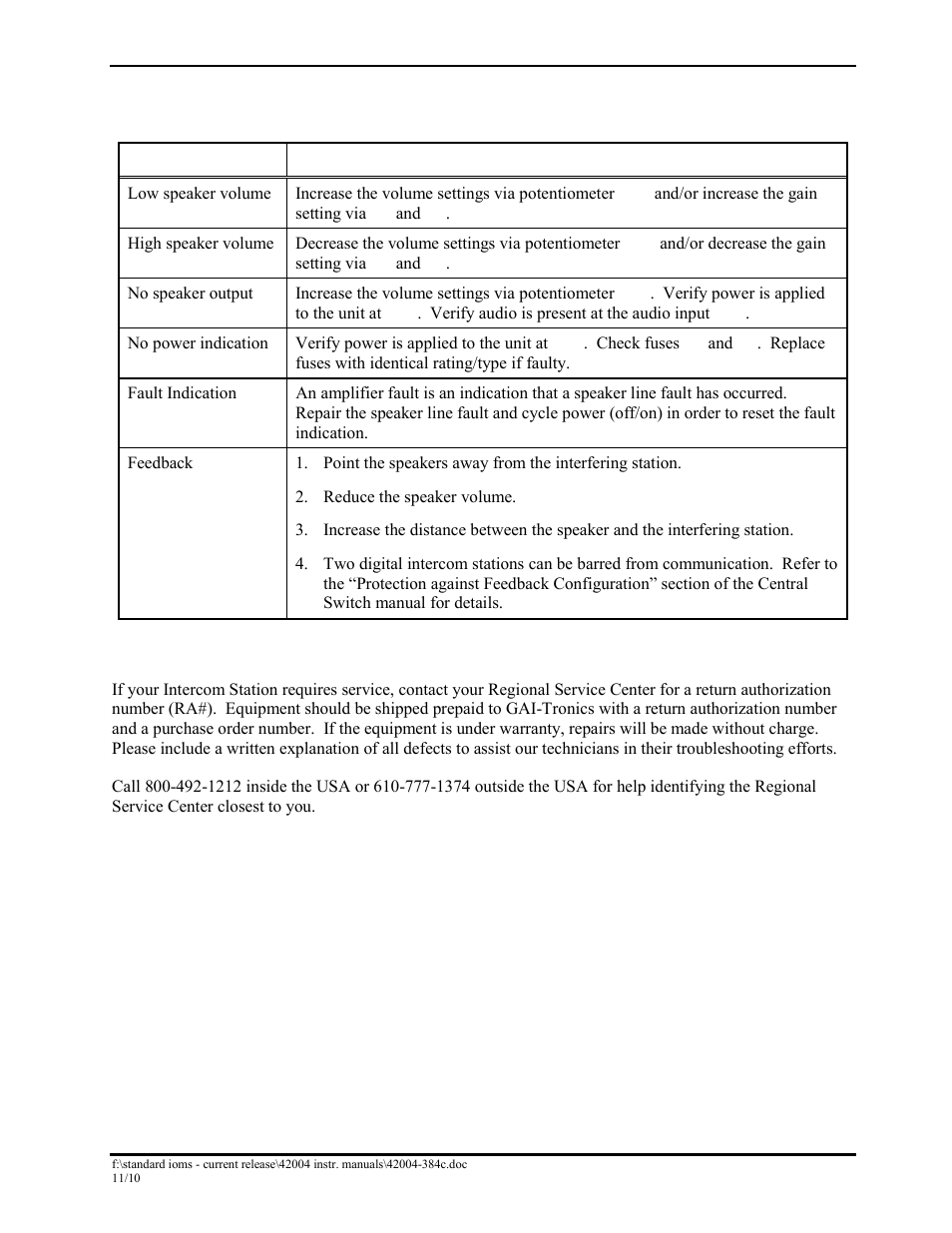 Troubleshooting, Service | GAI-Tronics DSA-101 Remote Speaker Amplifier User Manual | Page 10 / 12