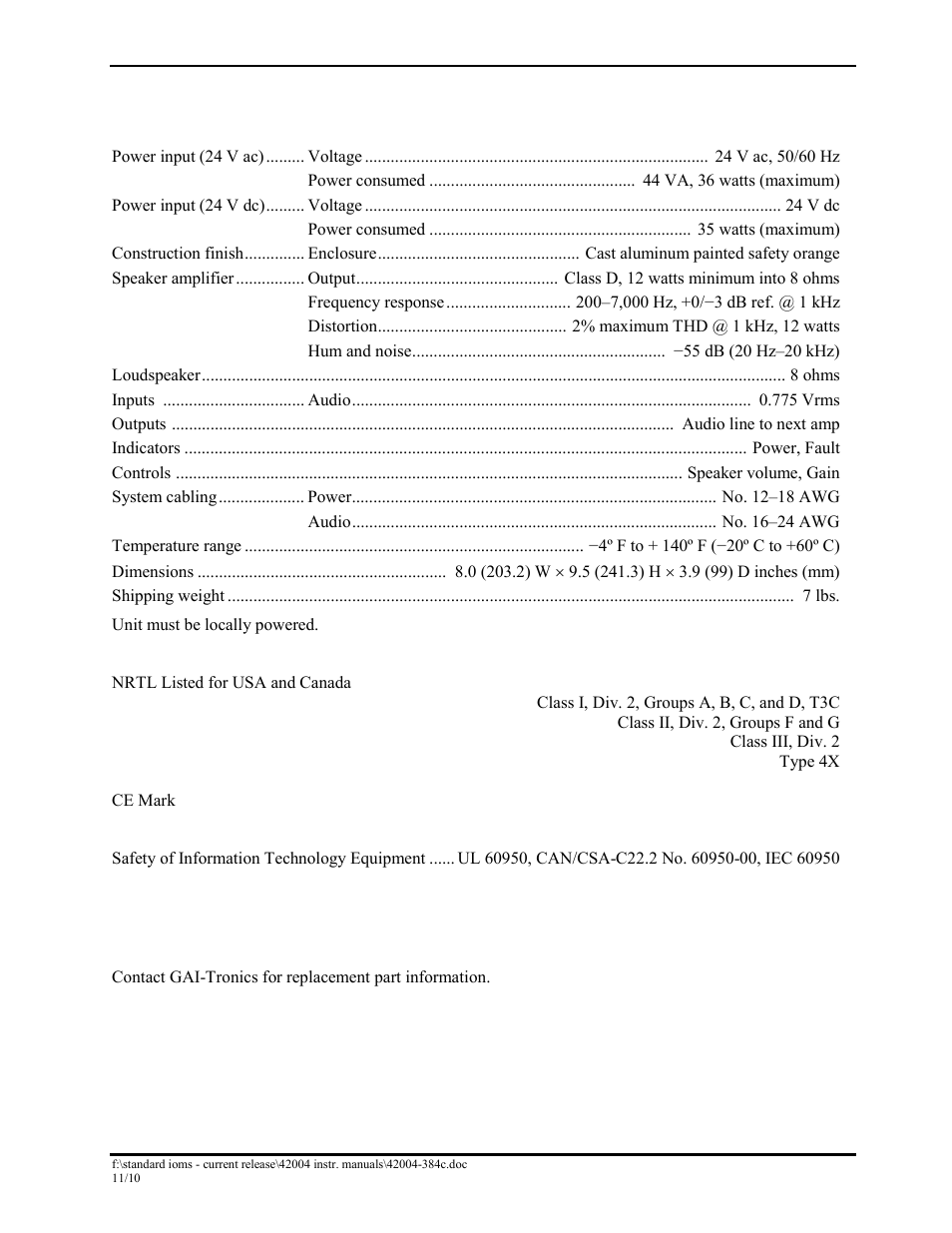 Specifications, Replacement parts | GAI-Tronics DSA-101 Remote Speaker Amplifier User Manual | Page 11 / 12