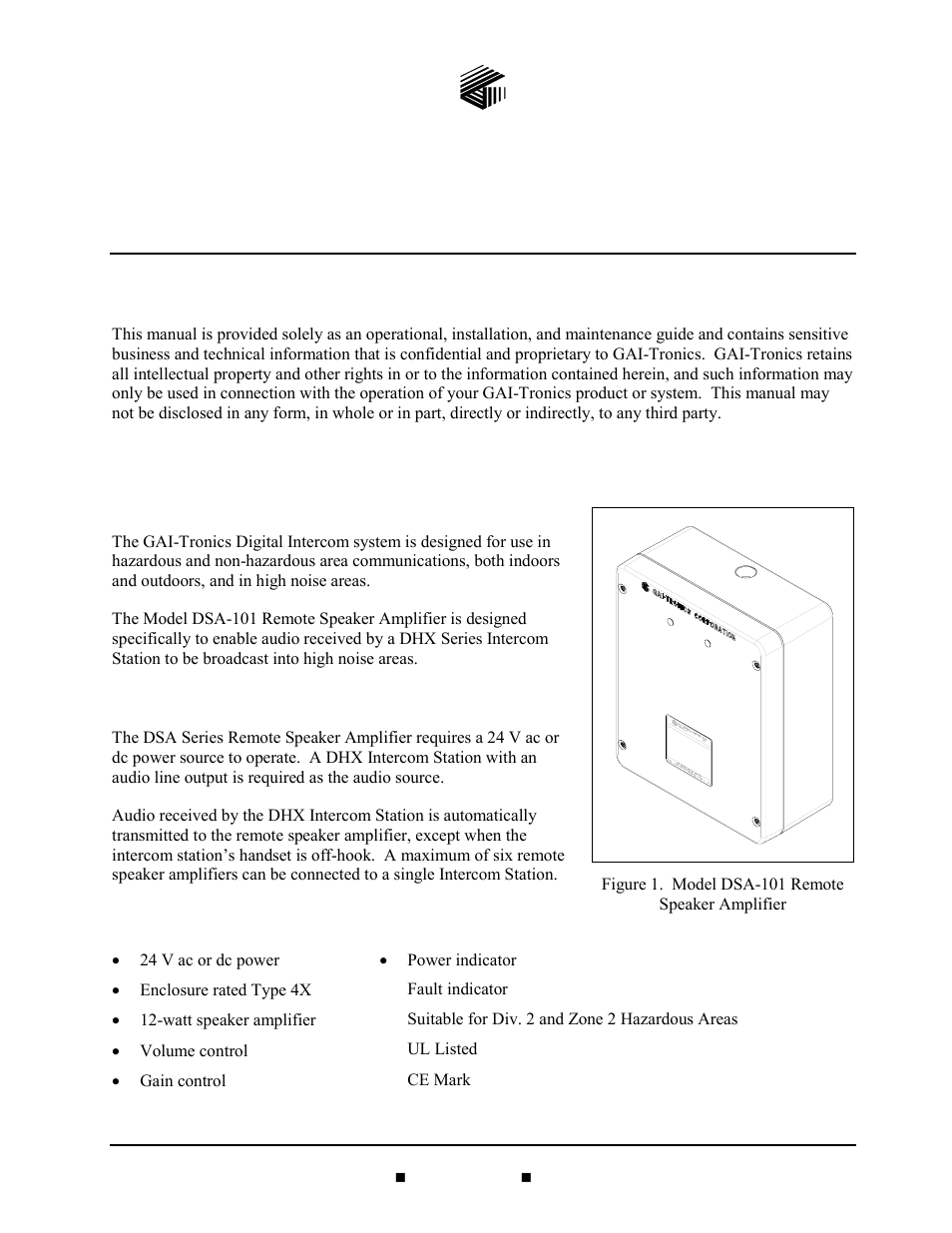 Confidentiality notice, General information, Product overview | System requirements and limitations, Features and functions, Model dsa-101 remote speaker amplifier | GAI-Tronics DSA-101 Remote Speaker Amplifier User Manual | Page 2 / 12