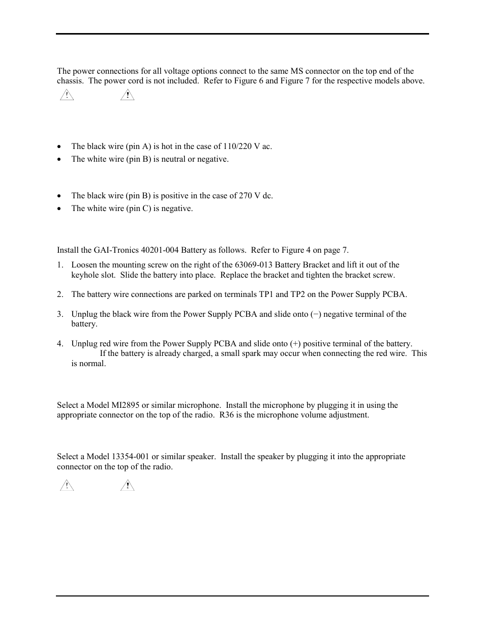 Power connections, Models 4514-001 & 4514-001fr, Models 4512-001 & 4512-001fr | Battery connections, Microphone connection, Speaker connection | GAI-Tronics 4512-001 6-Channel Radio User and Installation Manual User Manual | Page 15 / 22