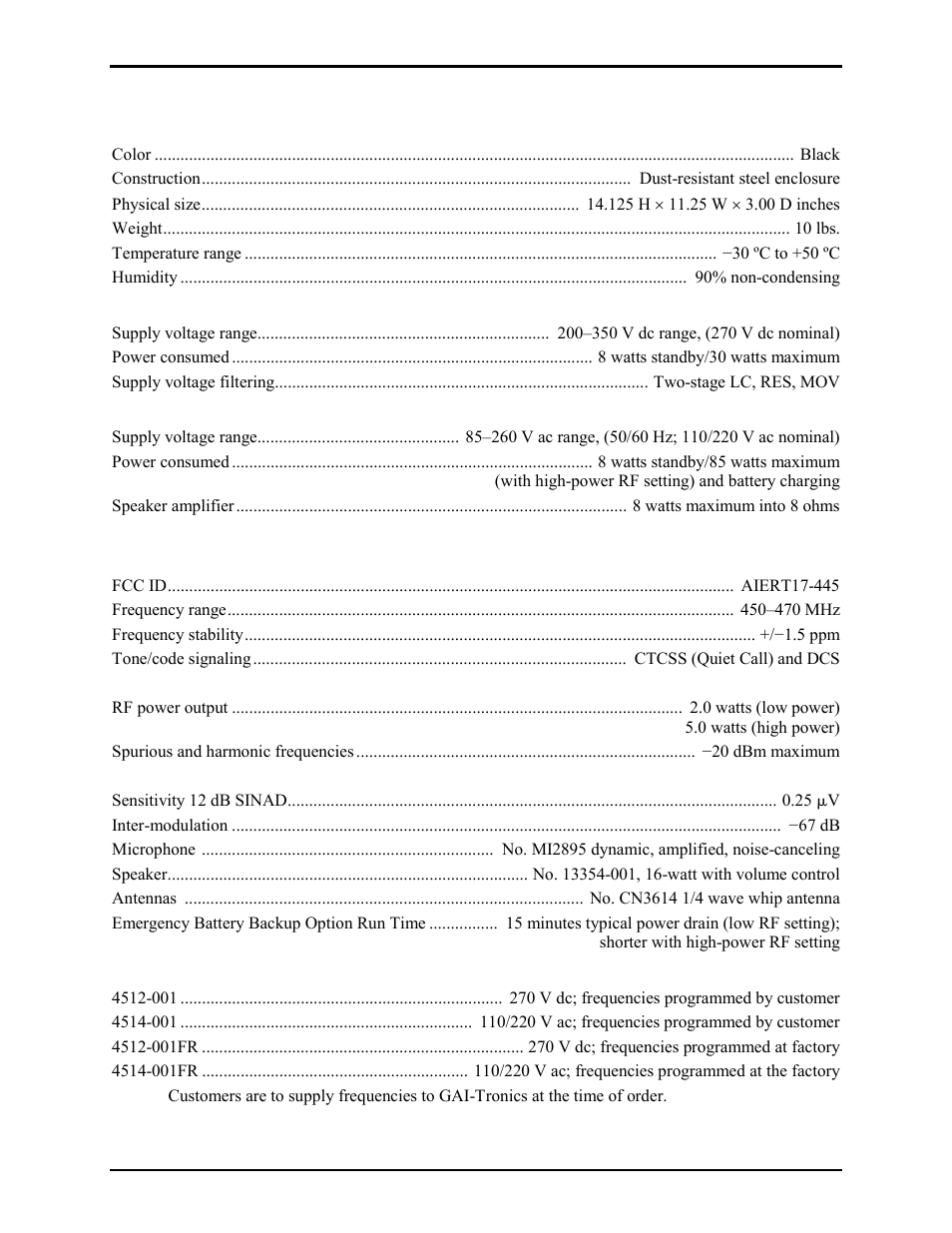 Performance specifications | GAI-Tronics 4512-001 6-Channel Radio User and Installation Manual User Manual | Page 20 / 22