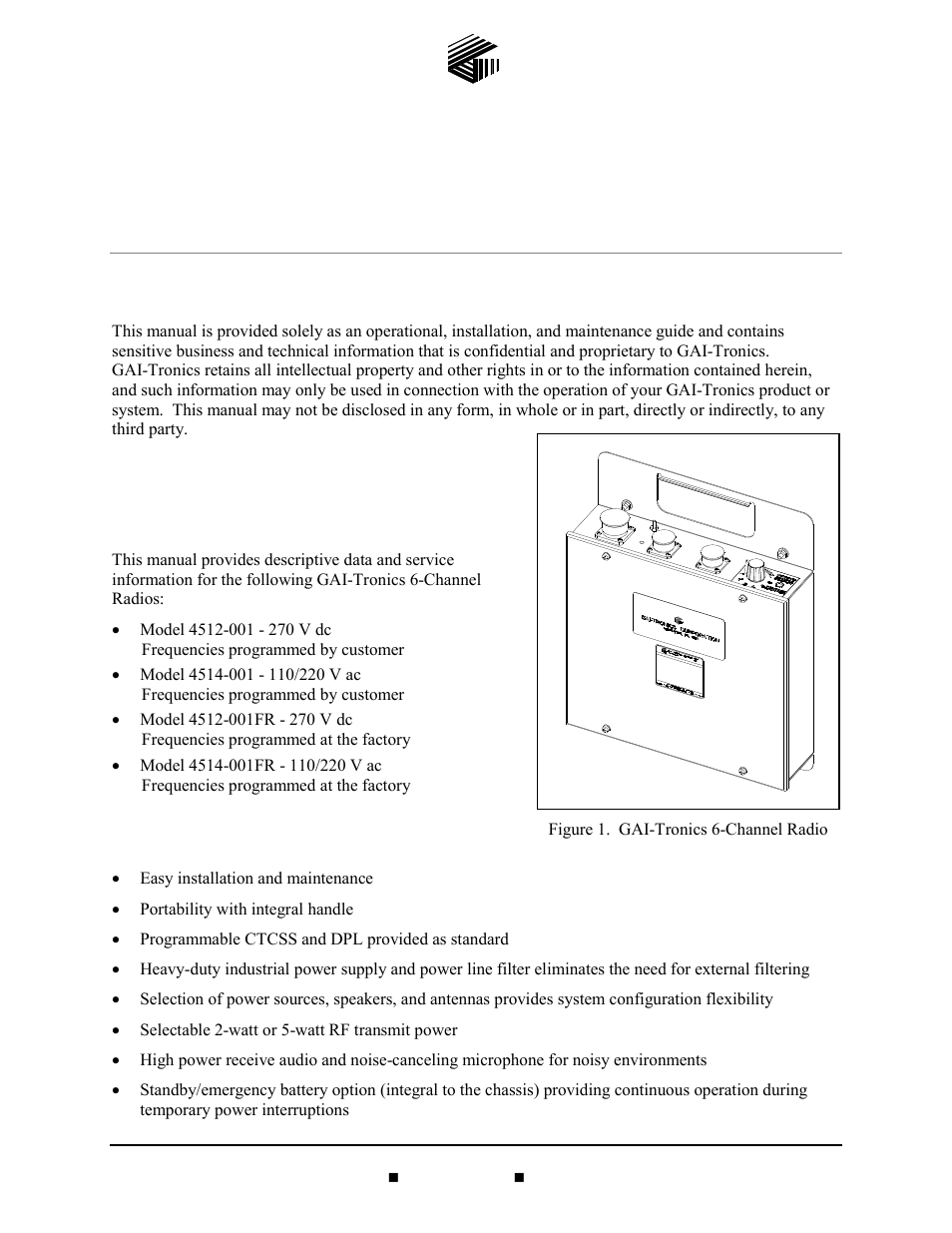 Confidentiality notice, General information, Scope of manual | Features and functions | GAI-Tronics 4512-001 6-Channel Radio User and Installation Manual User Manual | Page 3 / 22
