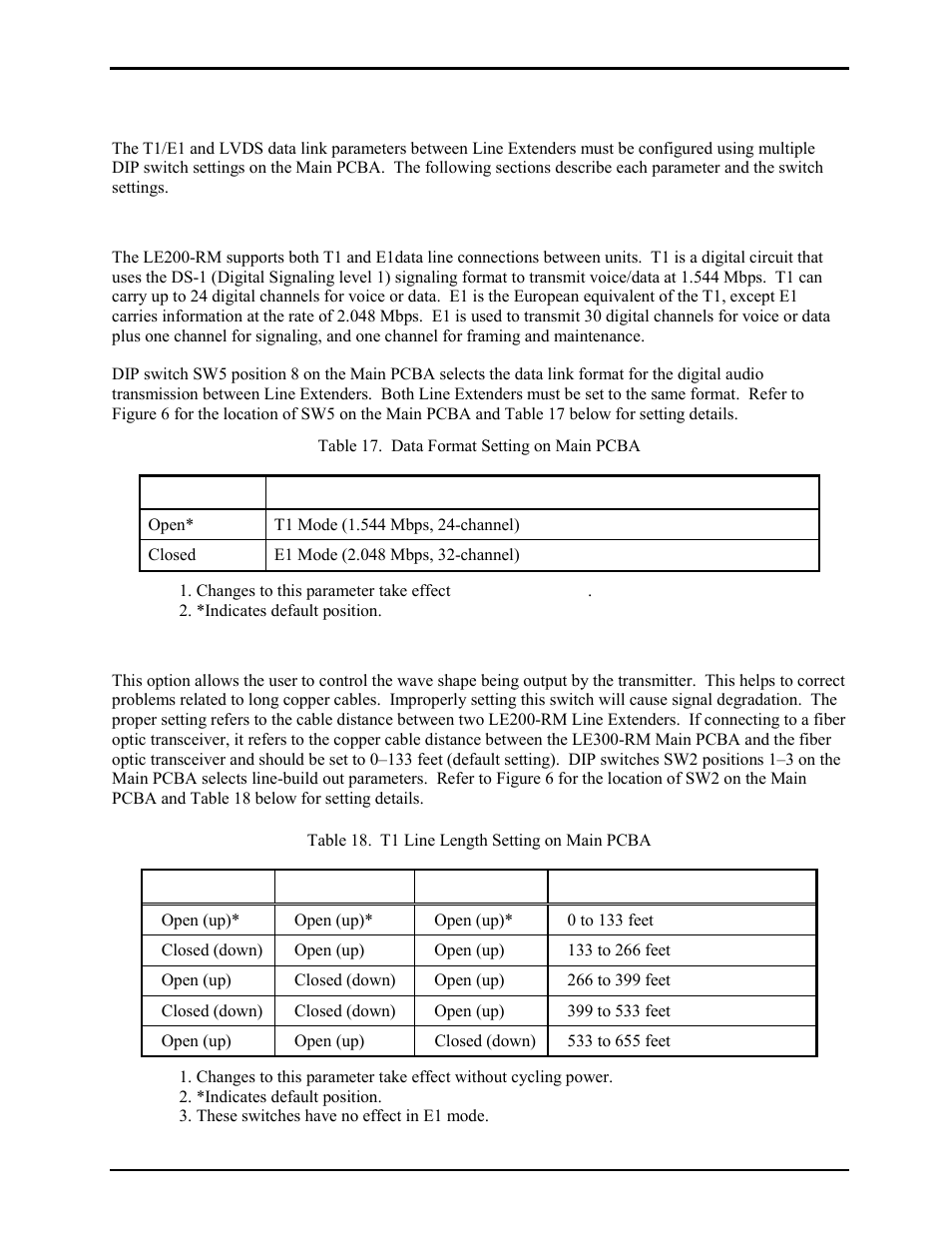 Configuring the data links, T1/e1 data format selection, T1 line build-out settings | GAI-Tronics LE200-RM Rack-Mount Page/Party Line Extender User Manual | Page 21 / 59