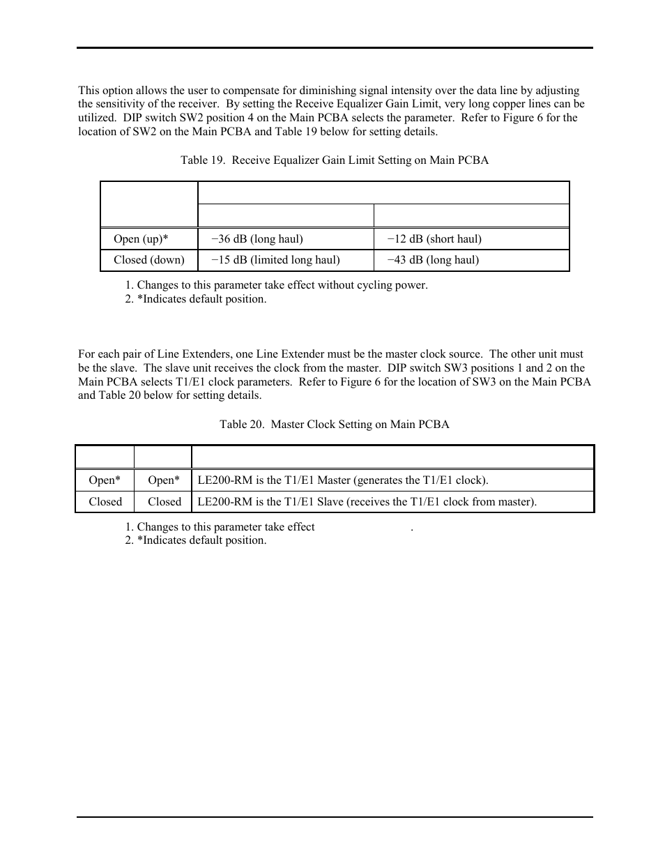 T1/e1 receiver equalization gain limit, T1/e1 clock source | GAI-Tronics LE200-RM Rack-Mount Page/Party Line Extender User Manual | Page 22 / 59